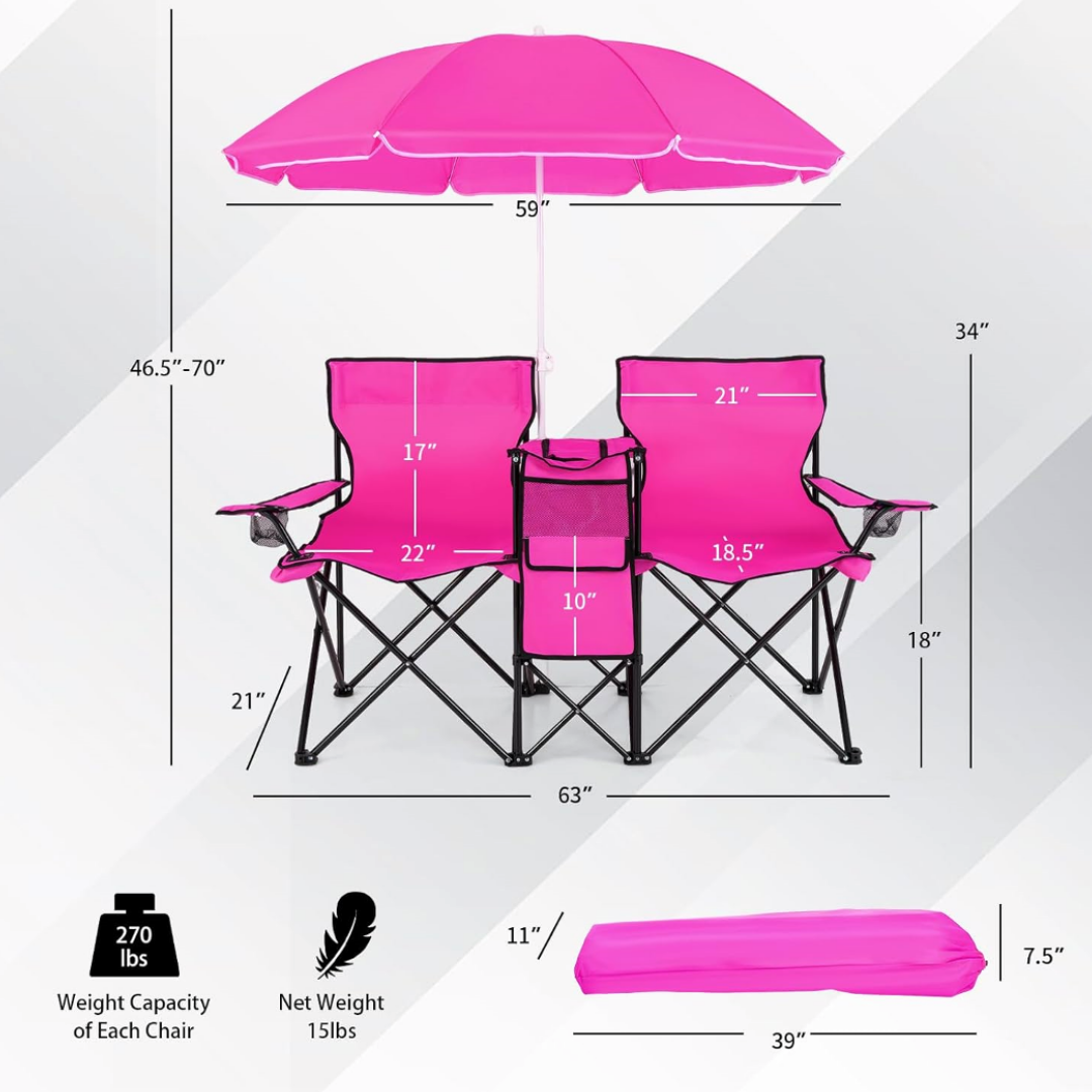 Portable Double Folding Chair Set with Canopy, Side Table & Built-In Cooler