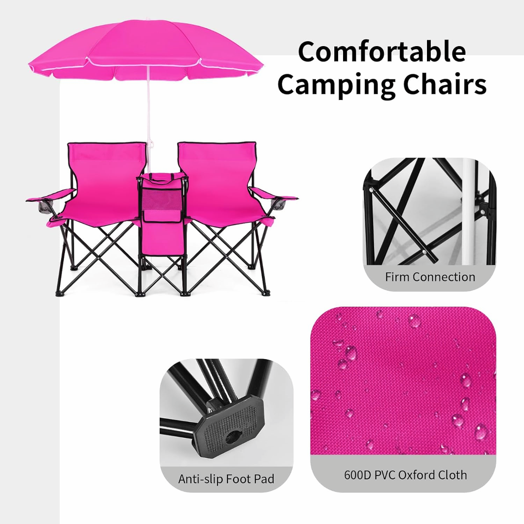Portable Double Folding Chair Set with Canopy, Side Table & Built-In Cooler