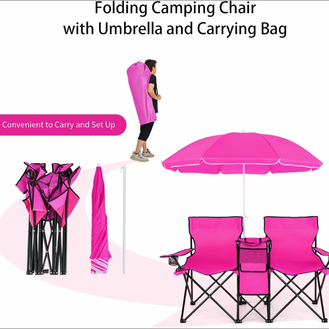 Portable Double Folding Chair Set with Canopy, Side Table & Built-In Cooler