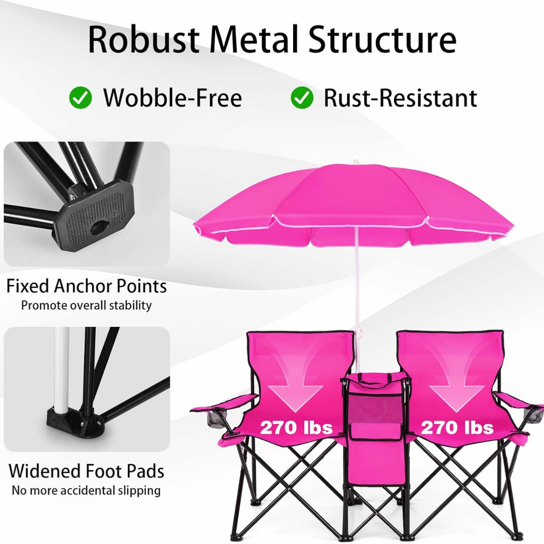 Portable Double Folding Chair Set with Canopy, Side Table & Built-In Cooler