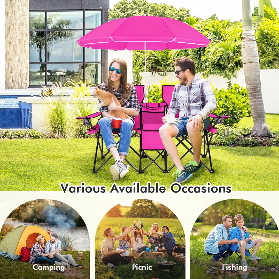 Portable Double Folding Chair Set with Canopy, Side Table & Built-In Cooler
